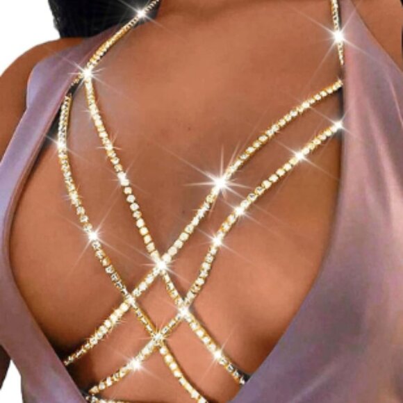 Gold Rhinestone Layered Bra Chain Body Jewelry - Picture 1 of 4